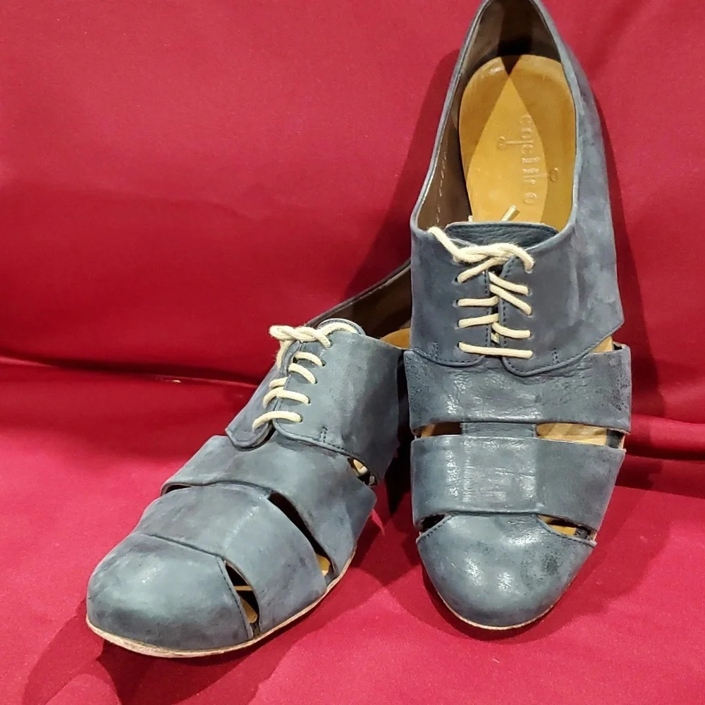 Coclico blue grey leather cutout strap loafer lace up shoes